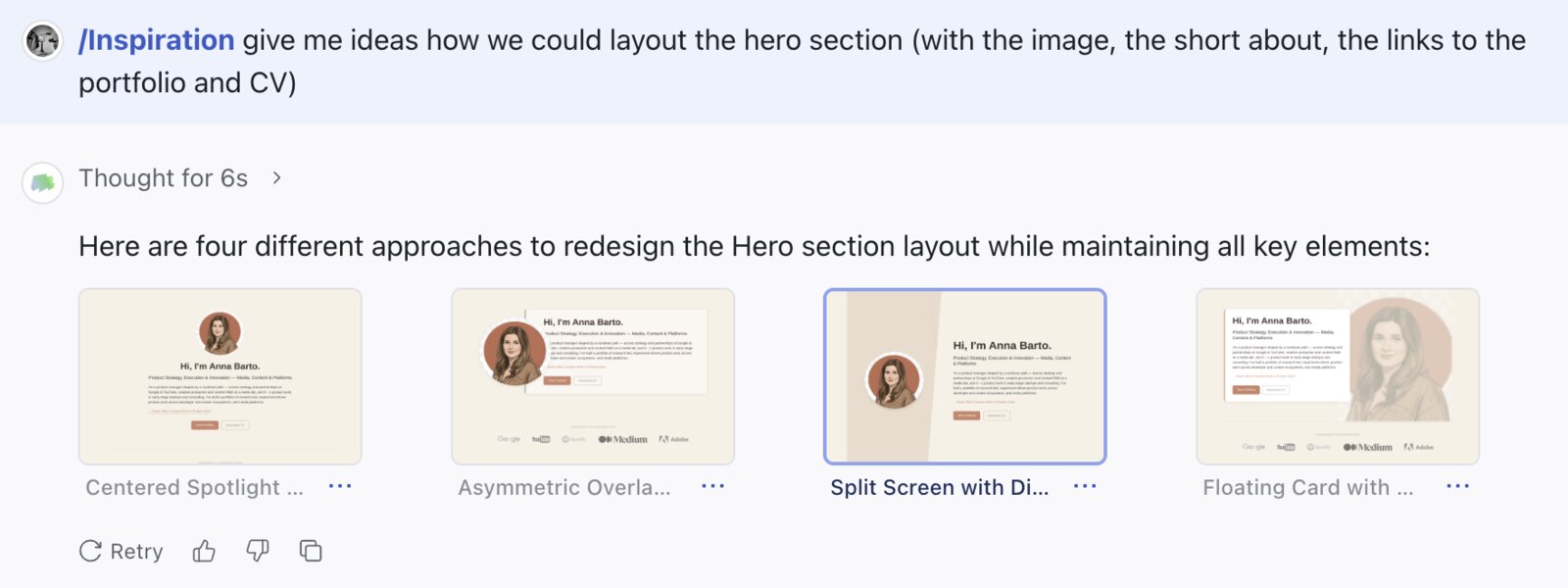Magic Patterns Inspiration mode interface showing multiple design variations